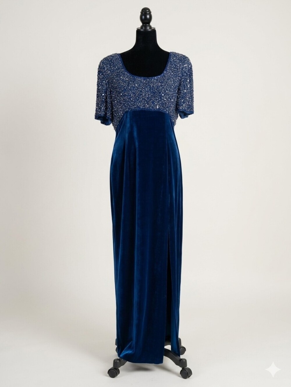 Vintage SCALA 100% Silk Hand Beaded Velvet Maxi Gown - Royal Blue - Size 10